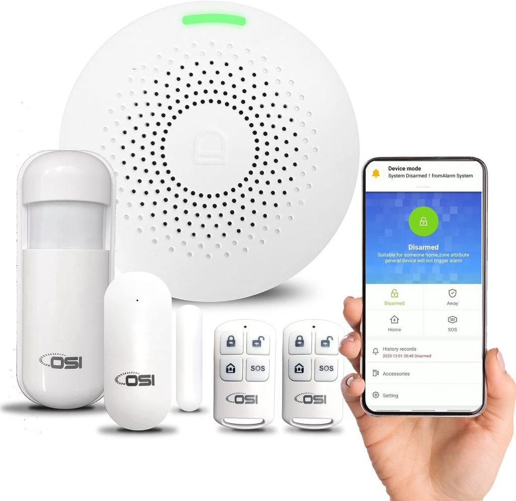 【OSI WIRELESS WIFI SMART HOME SECURITY MINI ALARM SYSTEM - 5 PIECE】DIY Home Wi-Fi Alarm Kit with Motion detector,Notifications with app,door/window sensor, siren,Compatible with Alexa,NO Monthly Fees