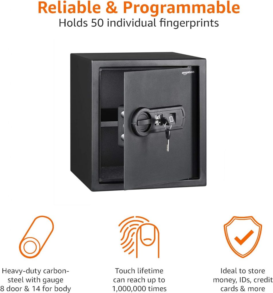 Amazon Basics Steel Home Security Safe with Programmable Biometric Fingerprint Lock, Secure Cash, Jewelry, ID Documents, 0.5 Cubic Feet, Black, 13.8W x 9.8D x 9.8H Amazon Basics Steel Home Security Safe with Programmable Biometric Fingerprint Lock, Secure Cash, Jewelry, ID Documents, 0.5 Cubic Feet, Black, 13.8W x 9.8D x 9.8H