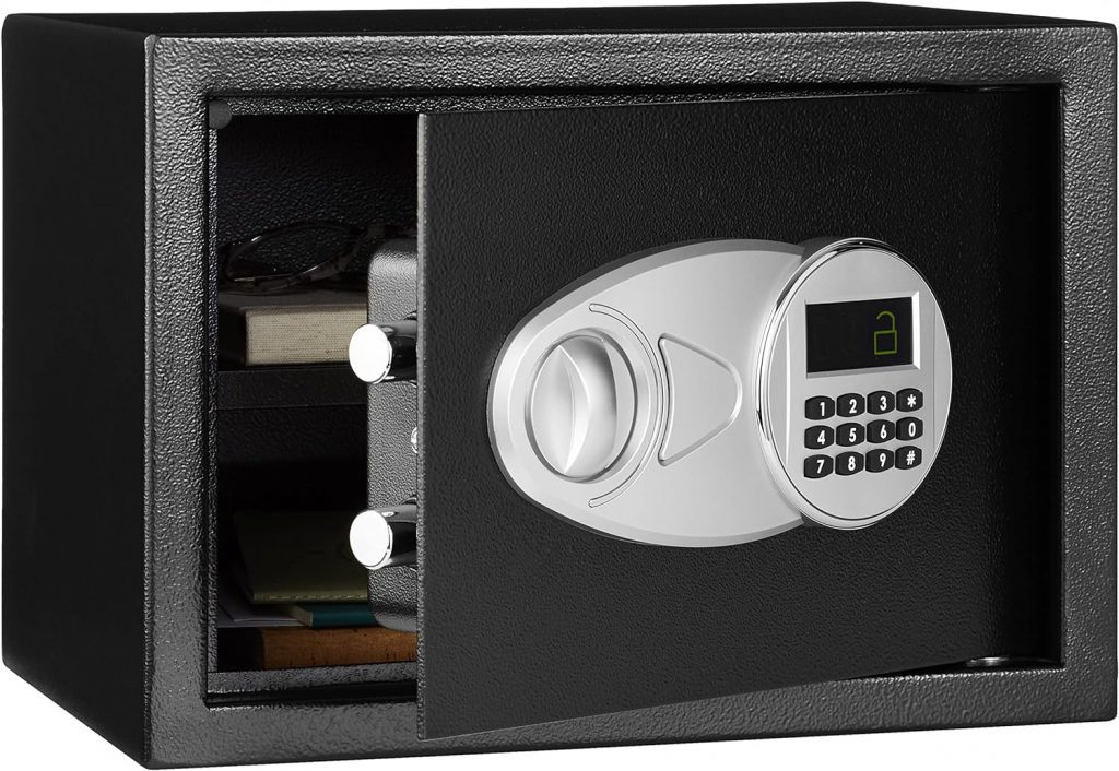 Amazon Basics Steel Security Safe and Lock Box with Electronic Keypad - Secure Cash, Jewelry, ID Documents, 0.5 Cubic Feet, Black, 13.8W x 9.8D x 9.8H Amazon Basics Steel Security Safe and Lock Box with Electronic Keypad, Best Small Home Safe