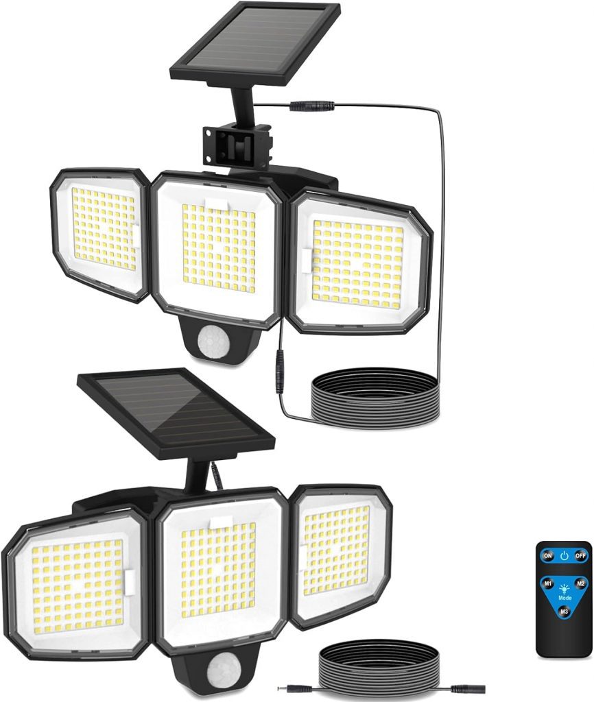 CEOTIS Solar Lights Outdoor, 243 LED 3500LM Motion Sensor Solar Lights for Outside, IP65 Waterproof 3 Heads Security Flood Lights, Separate Solar Panel Remote Control 3 Modes Wall Lights