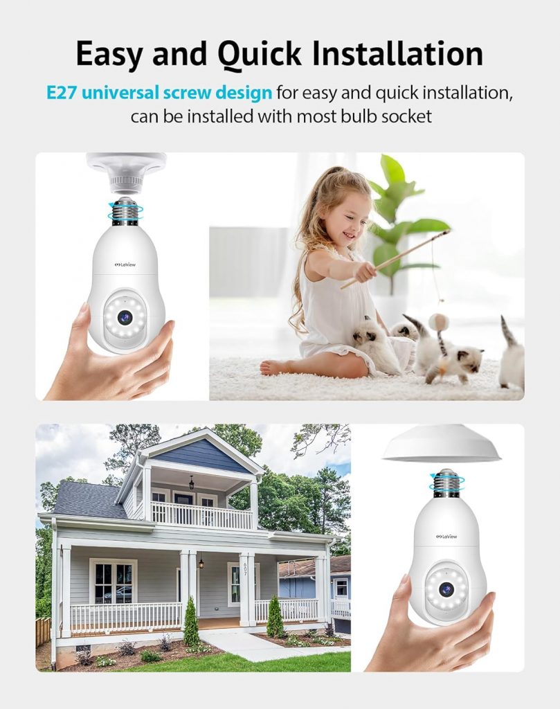 LaView 4MP Bulb Security Camera 2.4GHz,360° 2K Security Cameras Wireless Outdoor Indoor Full Color Day and Night, Motion Detection, Audible Alarm, Easy Installation, Compatible with Alexa LaView 4MP Bulb Security Camera 2.4GHz,360° 2K Security Cameras Wireless Outdoor Indoor Full Color Day and Night, Motion Detection, Audible Alarm, Easy Installation, Compatible with Alexa
