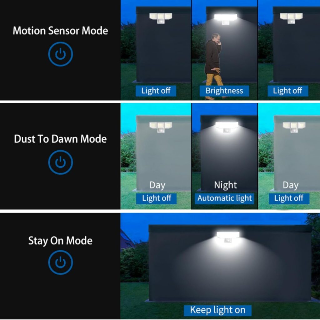 Motion Sensor Outdoor Lights, 38W 8000LM LED Security Lights, 3 Head Adjustable Motion Detected Flood Lights, IP65 Waterproof, Dusk to Dawn, 6500K, Outdoor Floodlights for Garage, Yard, Patio, Porch Motion Sensor Outdoor Lights, 38W 8000LM LED Security Lights, 3 Head Adjustable Motion Detected Flood Lights, IP65 Waterproof, Dusk to Dawn, 6500K, Outdoor Floodlights for Garage, Yard, Patio, Porch