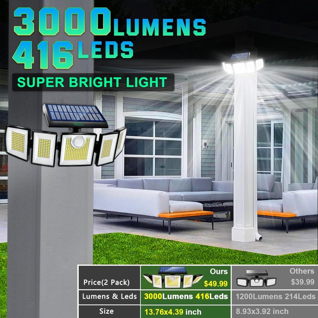 Solar Lights Outdoor Waterproof Motion Sensor - 2023 Newest 416 LEDs 3000 Lumens Super Bright 3 Brightness 3 Modes 2400mAh 360° Illumination 32ft Solar Flood Lights Security Light Outdoor - 2Pack