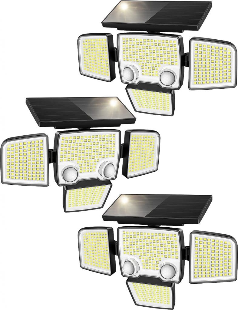 Solar Outdoor Lights - 3000LM 423 LED Motion Sensor Lights, 4 Heads IP65 Waterproof Powered Security Flood Lights, 270°Wide Lighting Angle Wall Light with Dual Sensors for Backyard Yard Patio