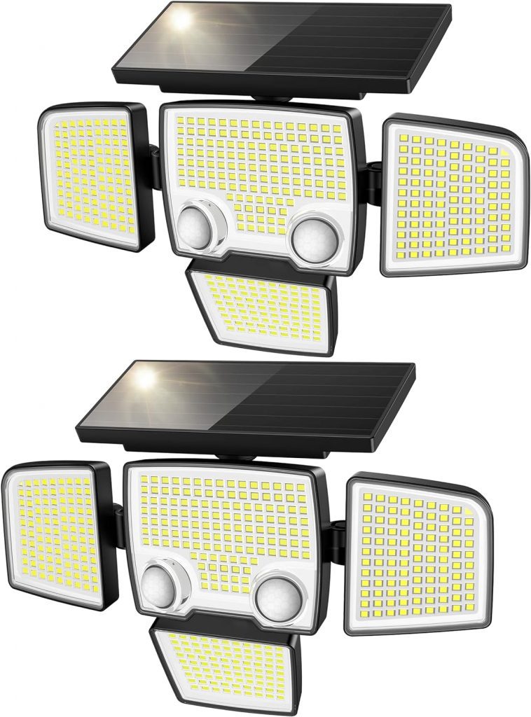 Solar Outdoor Lights - 3000LM 423 LED Motion Sensor Lights, 4 Heads IP65 Waterproof Powered Security Flood Lights, 270°Wide Lighting Angle Wall Light with Dual Sensors for Backyard Yard Patio