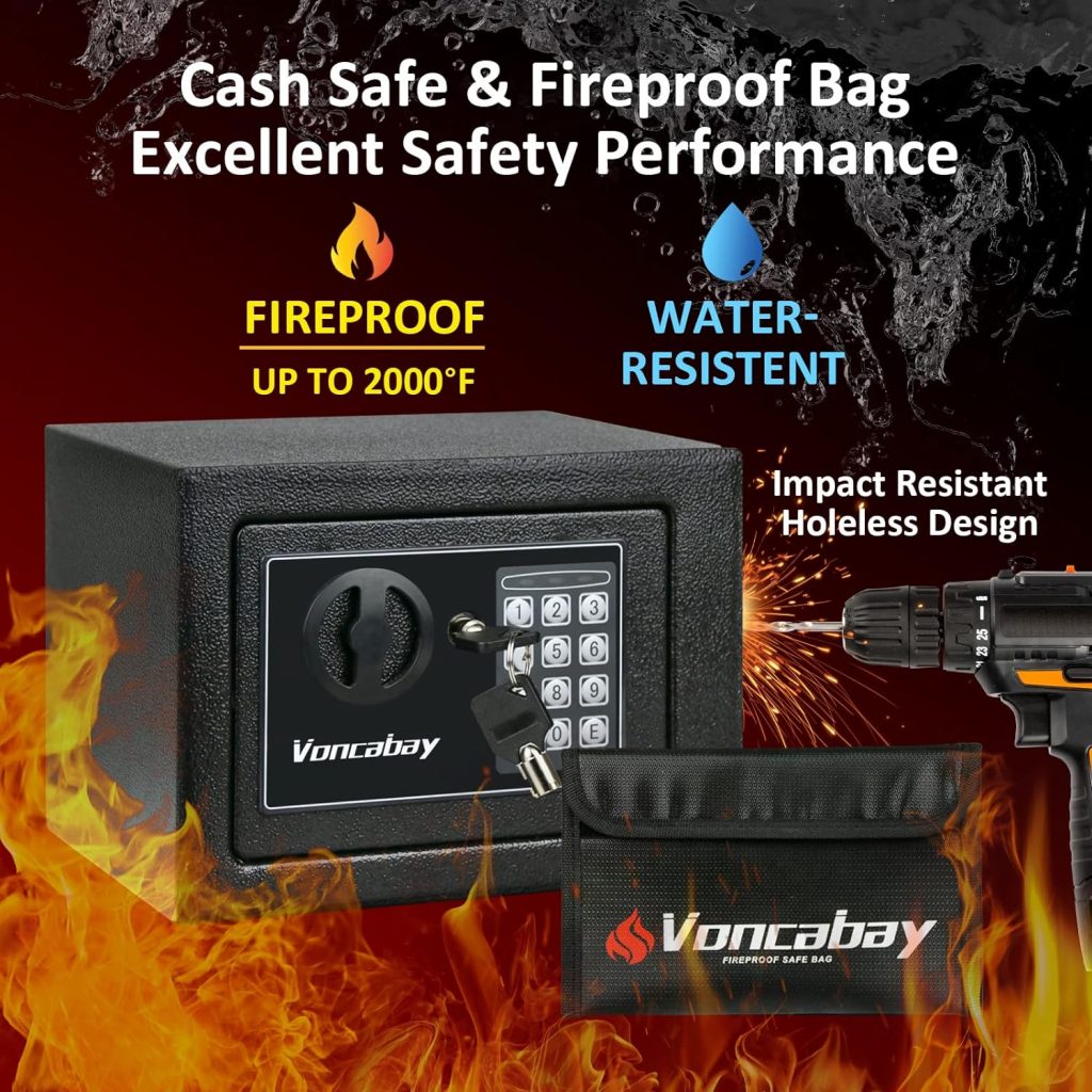Voncabay Money Safe Box for Home with Sensor Light Fireproof Security Safe Box for Money Safe with Keys Pass Code, Lock Box Fireproof Safe with Digital Keypad Voncabay Money Safe Box for Home with Sensor Light Fireproof Security Safe Box, Best Small Home Safe