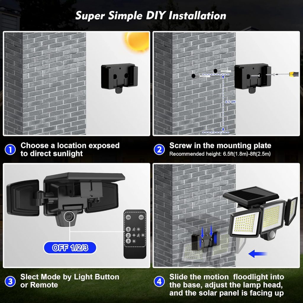 WWimy Solar Lights Outdoor, 210 LED 2500LM Motion Sensor with Remote Control, 3 Heads Security Flood Lights, IP65 Waterproof, 270° Wide Angle Illumination Wall Modes(2 Packs) WWimy Solar Lights Outdoor, 210 LED 2500LM Motion Sensor with Remote Control, 3 Heads Security Flood Lights, IP65 Waterproof, 270° Wide Angle Illumination Wall Modes(2 Packs)