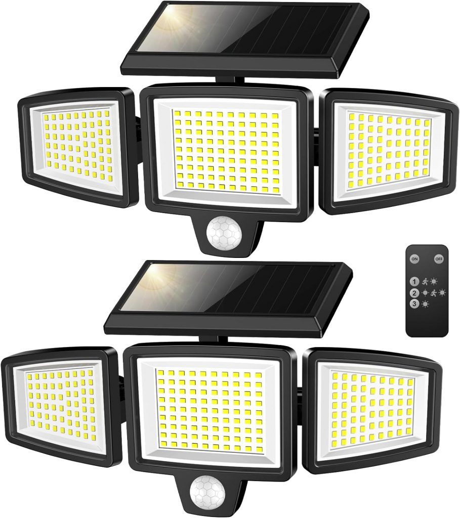 WWimy Solar Lights Outdoor, 210 LED 2500LM Motion Sensor with Remote Control, 3 Heads Security Flood Lights, IP65 Waterproof, 270° Wide Angle Illumination Wall Modes(2 Packs) WWimy Solar Lights Outdoor, 210 LED 2500LM Motion Sensor with Remote Control, 3 Heads Security Flood Lights, IP65 Waterproof, 270° Wide Angle Illumination Wall Modes(2 Packs)