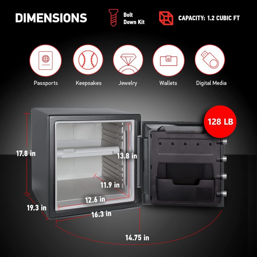 SentrySafe Fireproof and Waterproof Home Safe with Biometric Lock, Secure Documents and Valuables, Steel Safe with Fingerprint Lock, 1.23 Cubic Feet, 17.8 x 16.3 x 19.3 Inches, SFW123BTC SentrySafe Fireproof and Waterproof Home Safe with Biometric Lock, Secure Documents and Valuables, Steel Safe with Fingerprint Lock, 1.23 Cubic Feet, 17.8 x 16.3 x 19.3 Inches, SFW123BTC